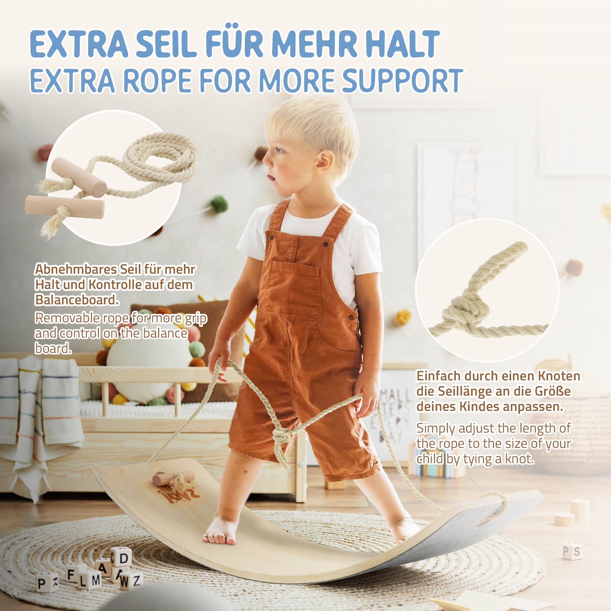 Ein Kind steht auf einem Balanceboard mit einem Seil, das zur Stabilität dient.