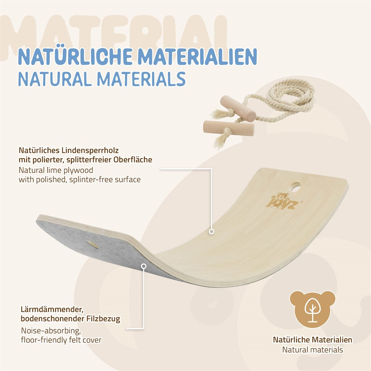 Dřevěná deska se zakřiveným tvarem a lanem, označená jako vyrobená z přírodních materiálů.