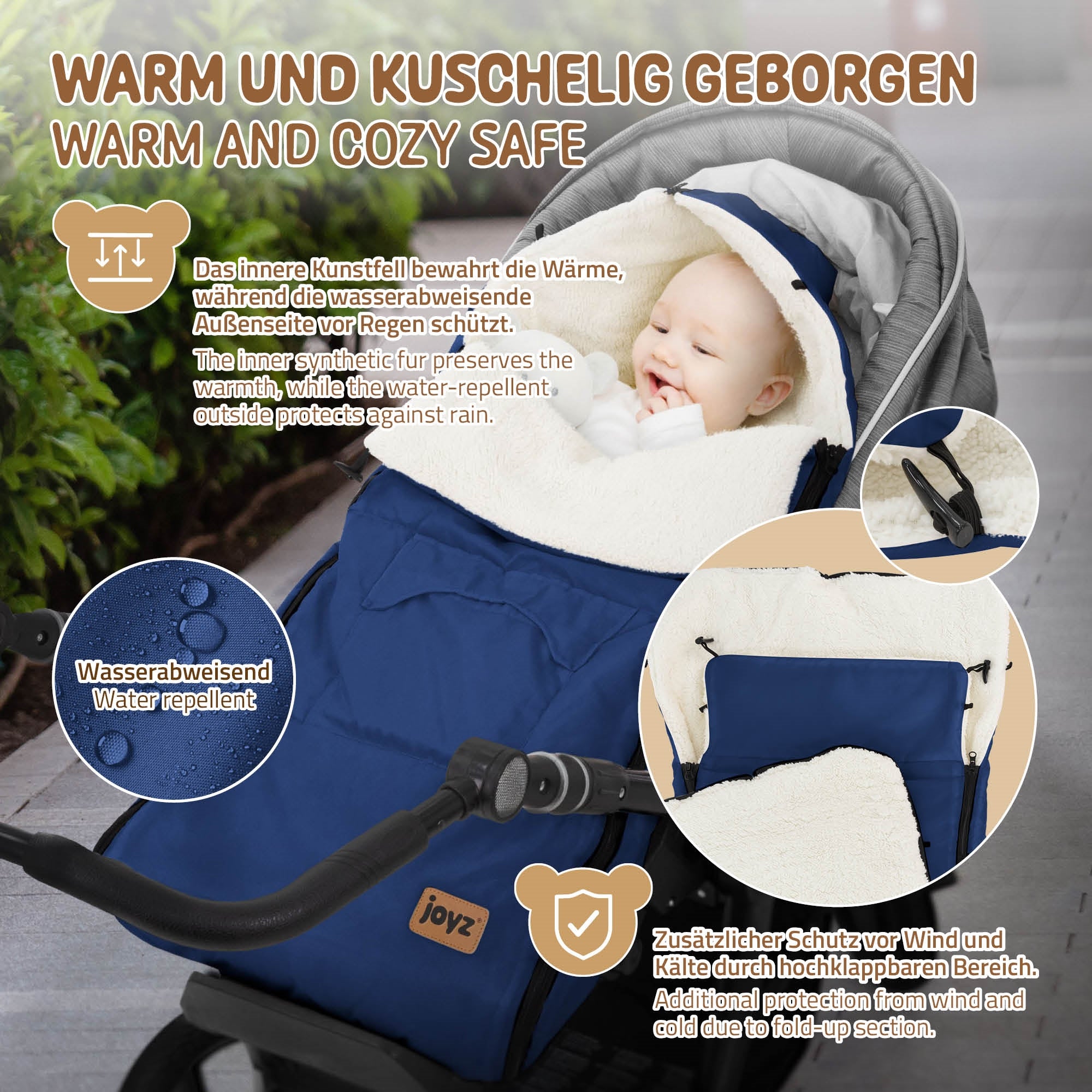 Baby in einem Kinderwagen mit einer warmen, kuscheligen Decke.