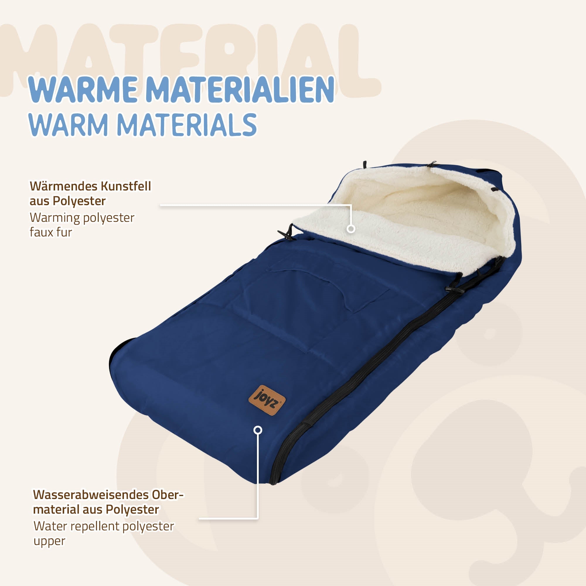 Blauer Babyfußsack aus warmem, wasserabweisendem Material.
