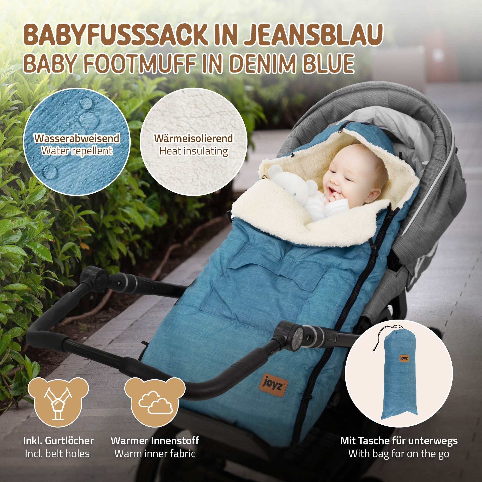 Babyfußsack in Jeansblau, mit weichem Innenfutter und Tasche für unterwegs.
