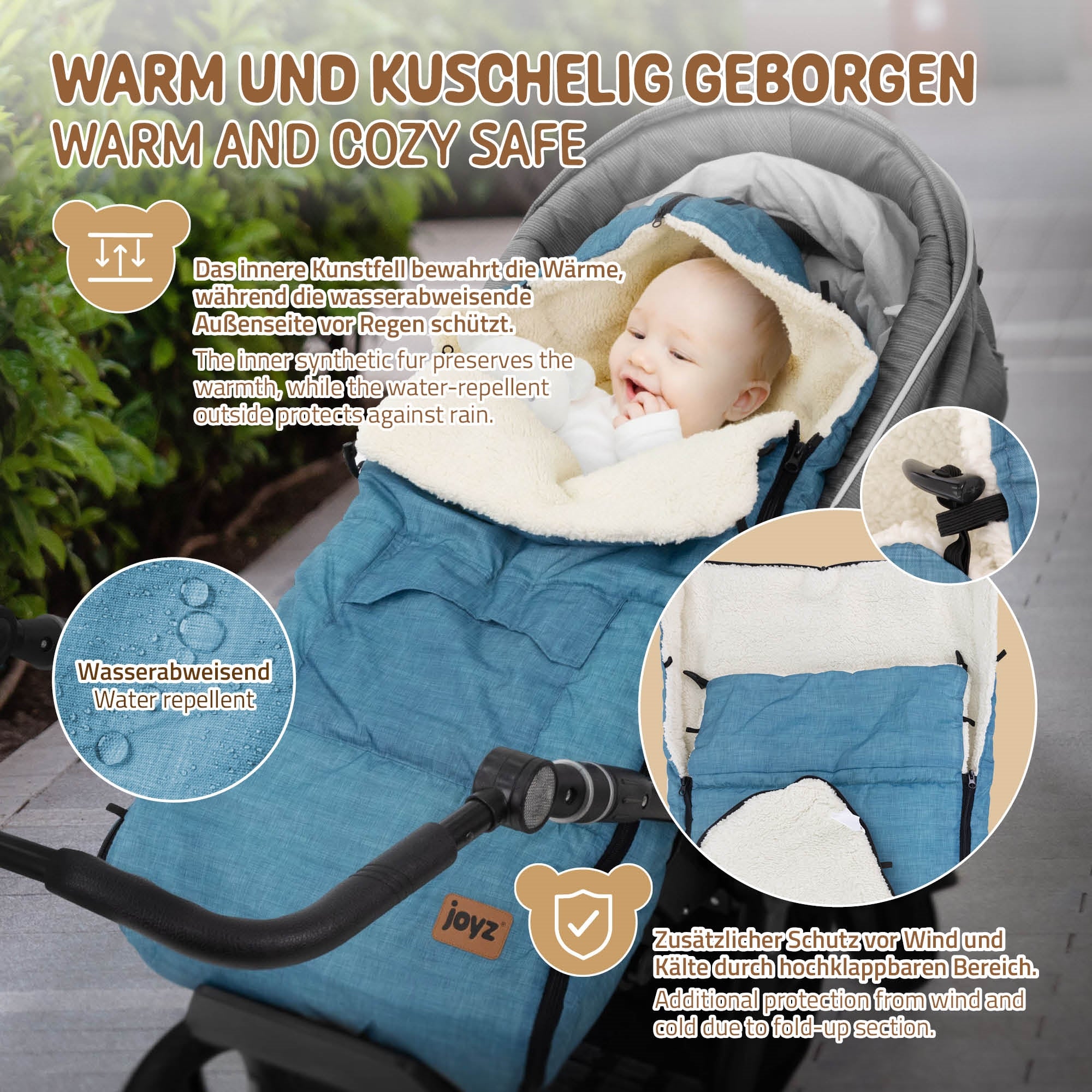 Warmes, kuscheliges Kinderwagen-Inlay in Blau mit wasserabweisendem Stoff.