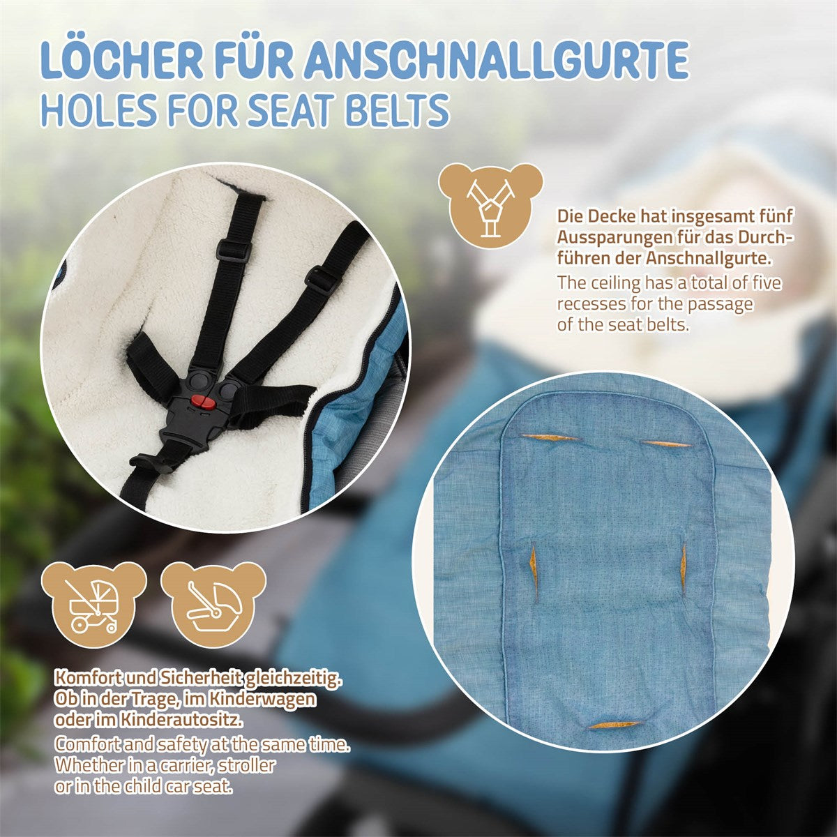 Eine Decke mit fünf Öffnungen für Anschnallgurte in einem Kinderwagen.