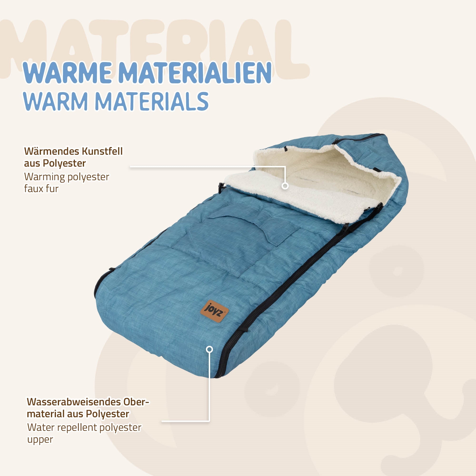 Produktbeschreibung mit blauer Decke und Informationen zu Materialien.