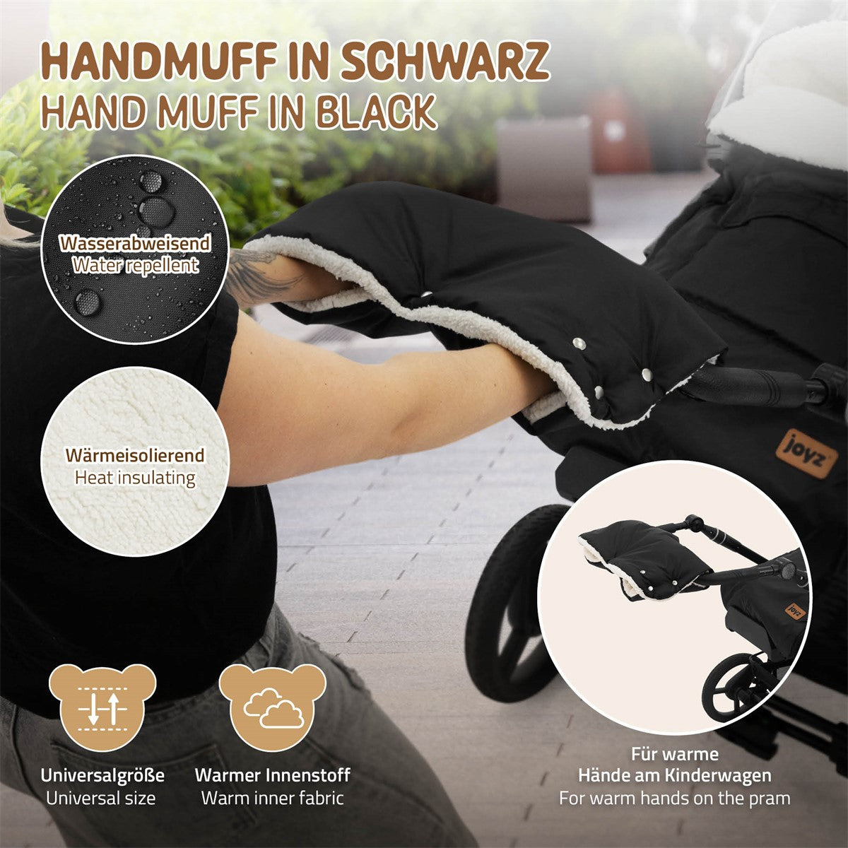 Schwarzer Handmuff für Kinderwagen mit wasserabweisendem Material.