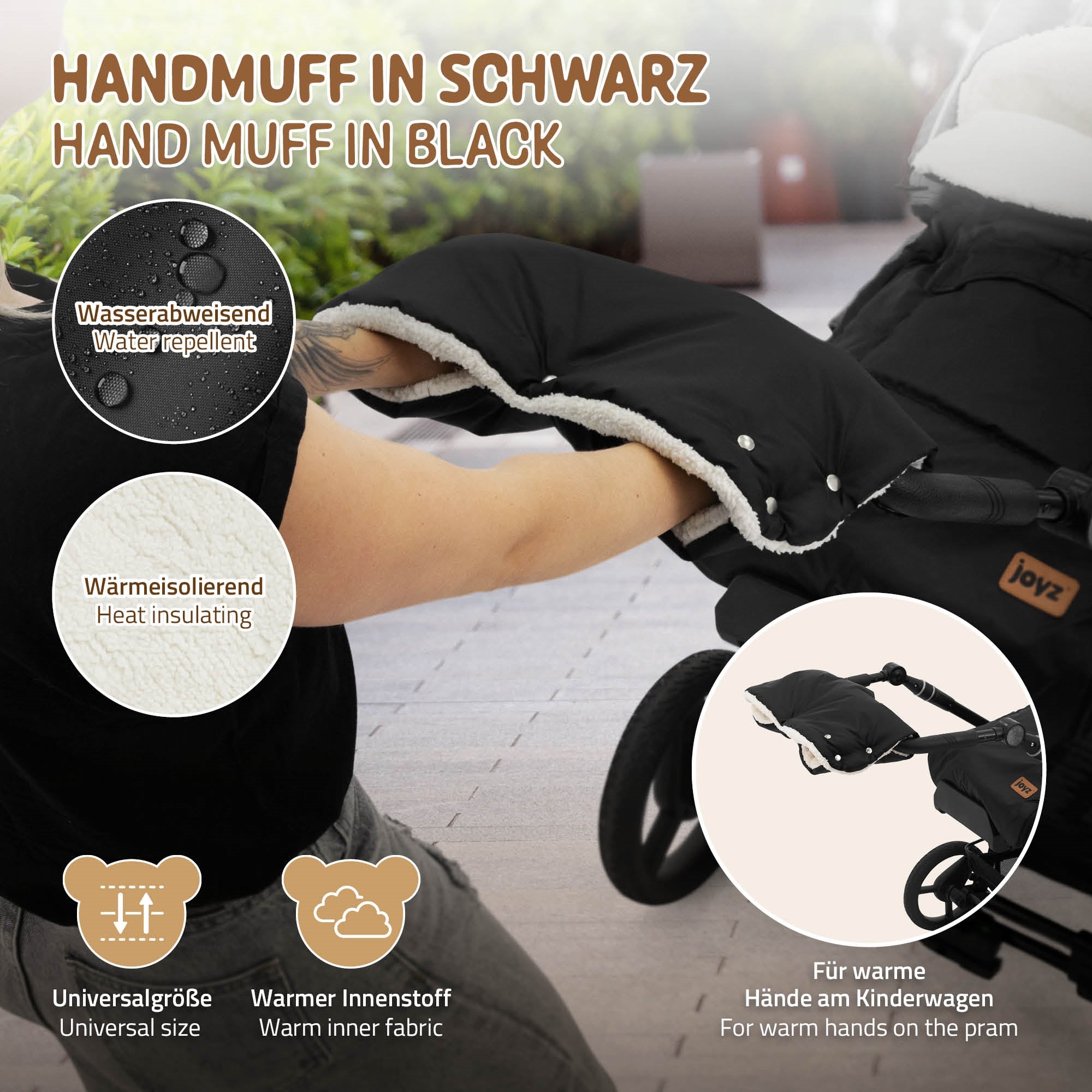 Schwarzer Handmuff für Kinderwagen mit wasserabweisendem Material.