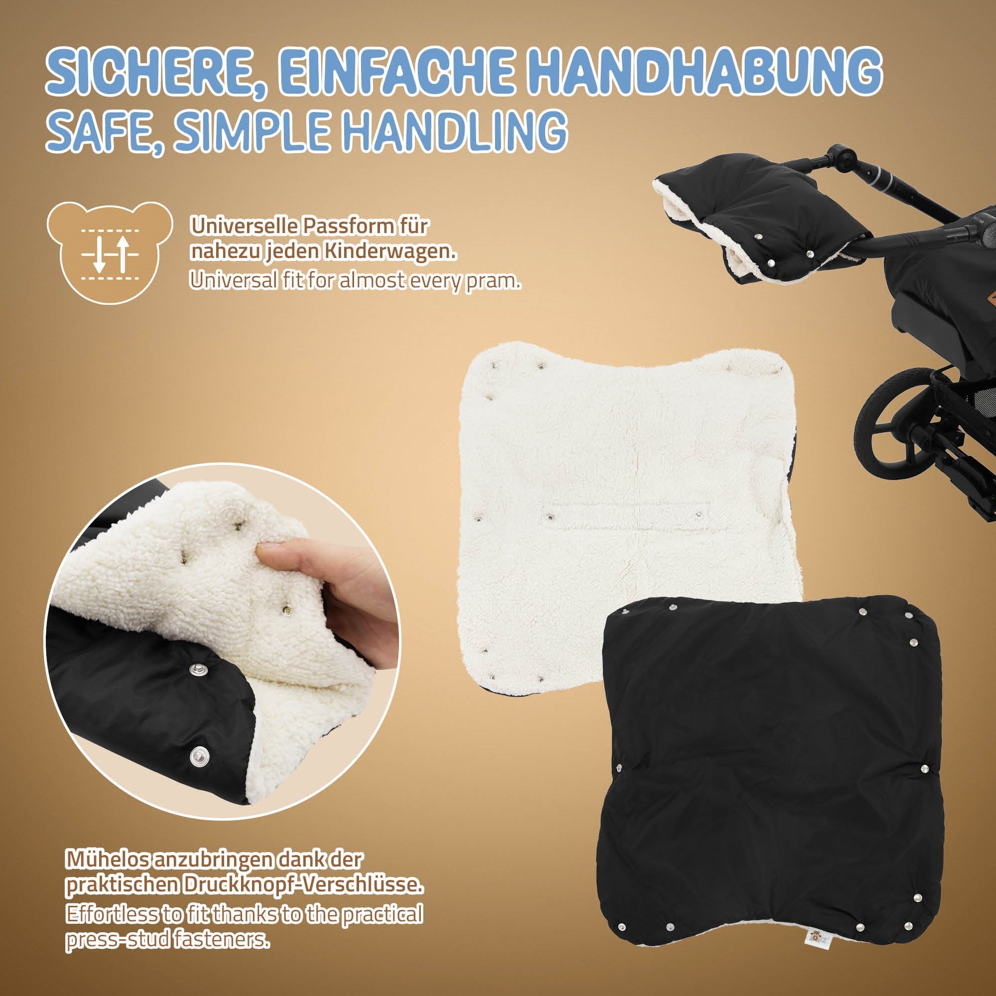 Una coperta nera imbottita con bottoni a pressione per passeggini.