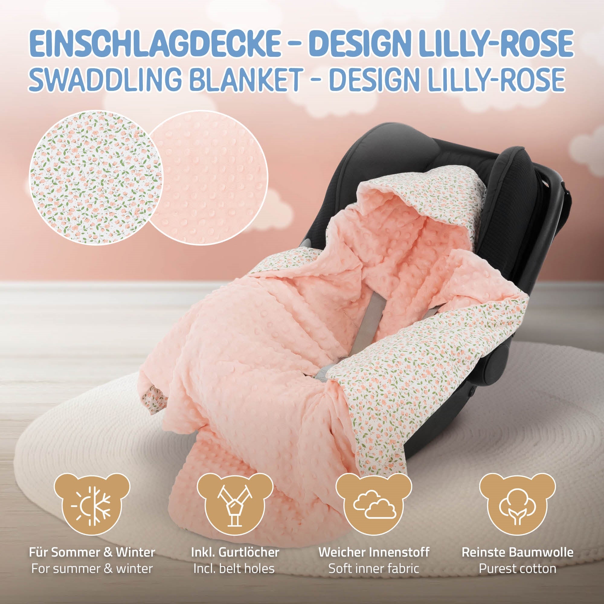 Couverture d'emmaillotage rose avec motif floral, pour l'été et l'hiver, y compris des trous pour les ceintures.