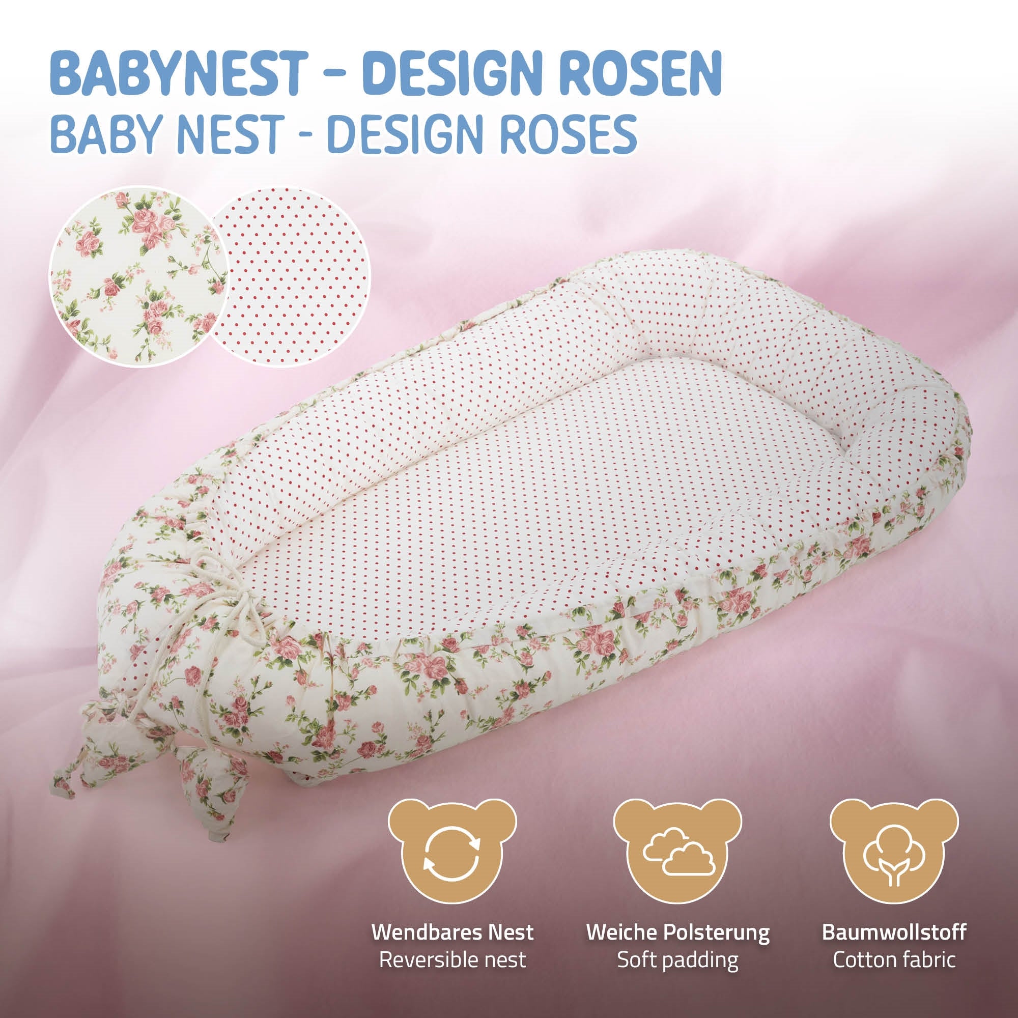 Lit pour bébé avec motif floral et bord rembourré en tissu coton.