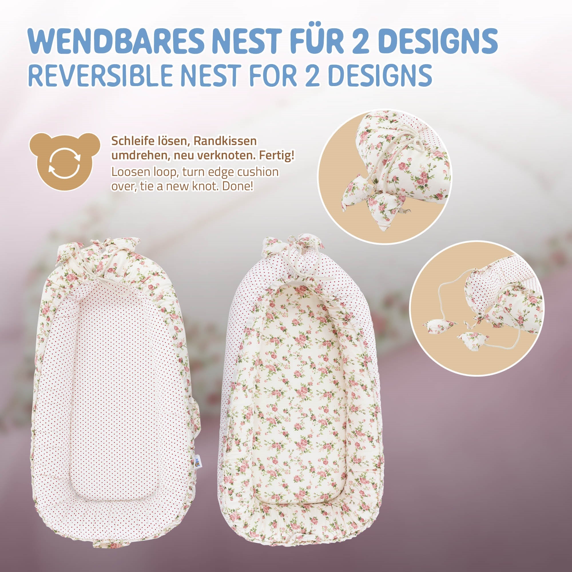 Omkeerbaar nest met twee ontwerpen, bloemig en gestippeld, voor baby's.