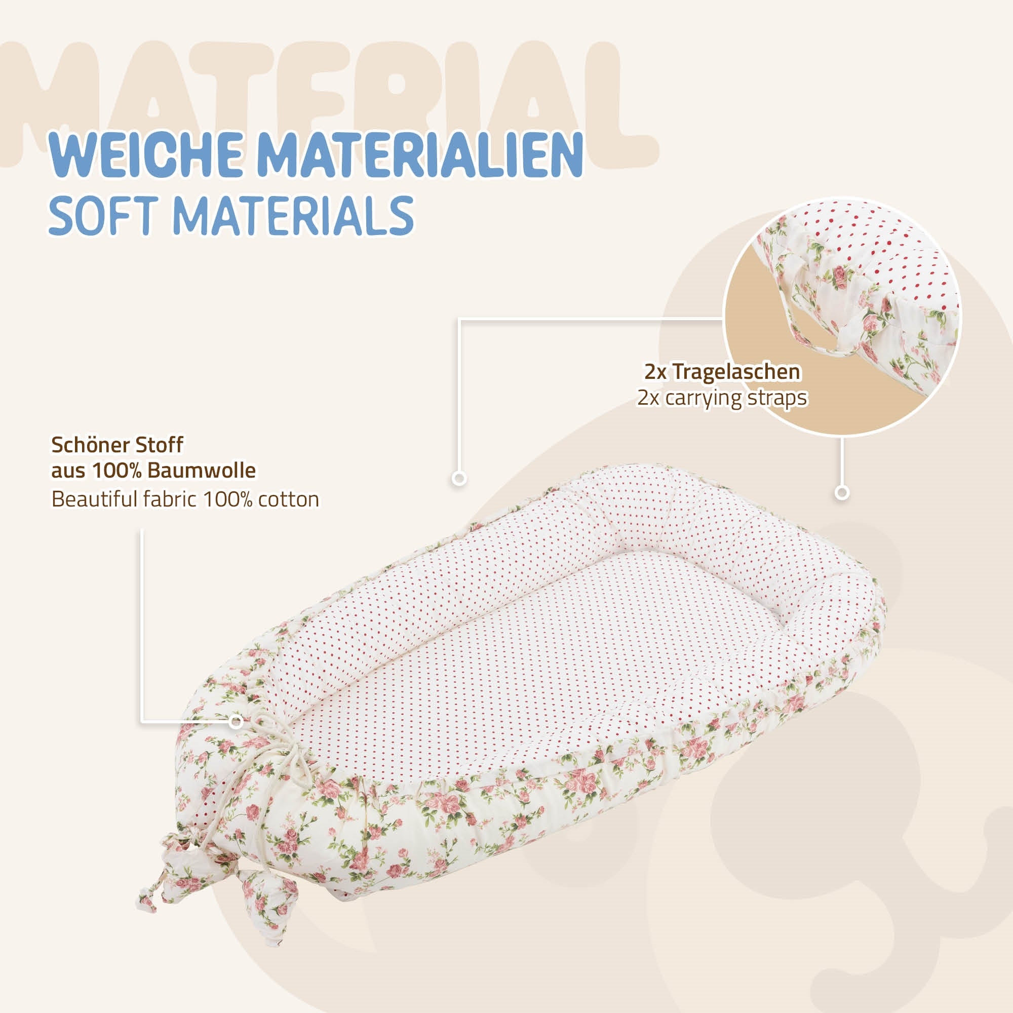 Een babybed van zachte stof met draaggrepen en een gestippelde voering.