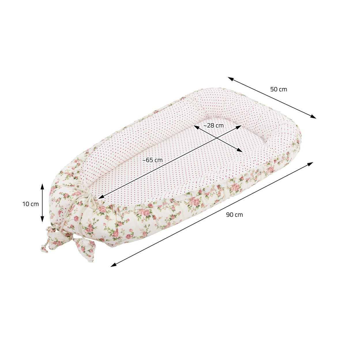 Maßangaben für einen ovalen Babyschlafplatz, 90 cm lang und 50 cm breit, mit Blumenmuster.