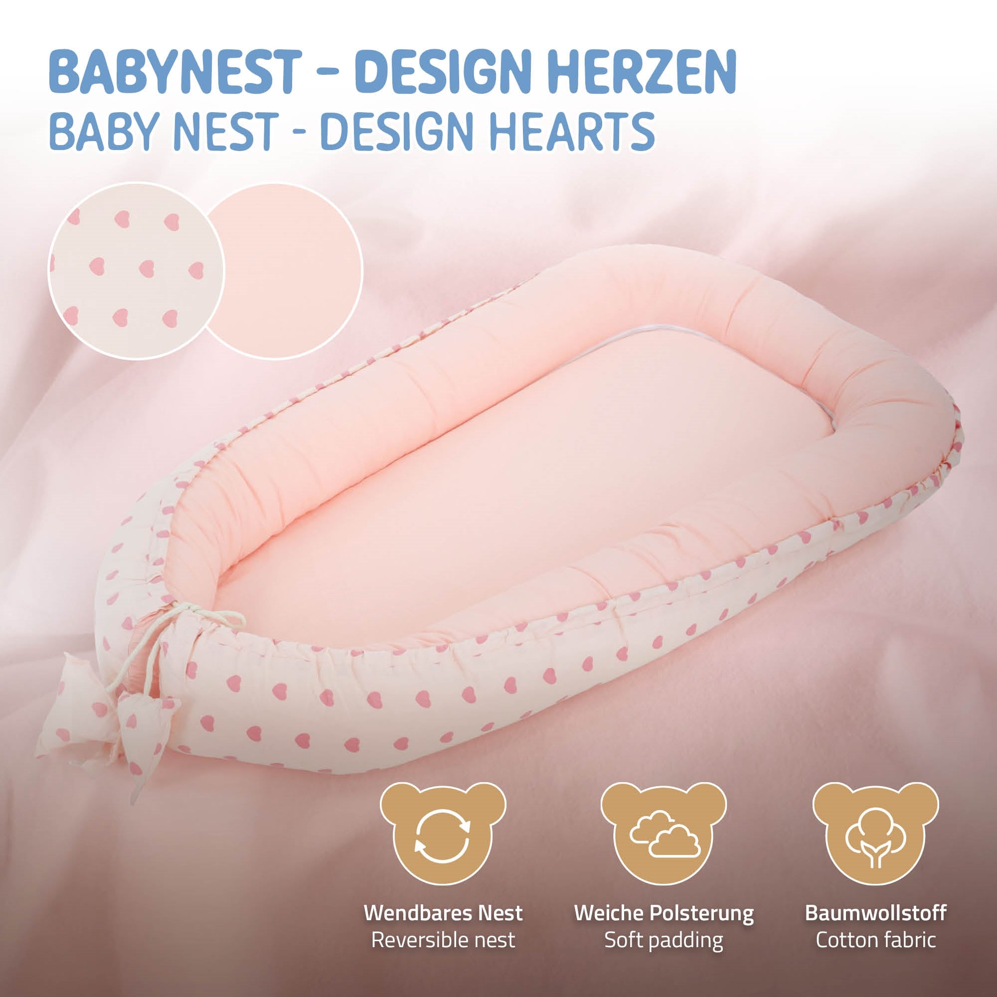 Nid pour bébé en forme de cœur, rose avec des cœurs blancs, rembourré.