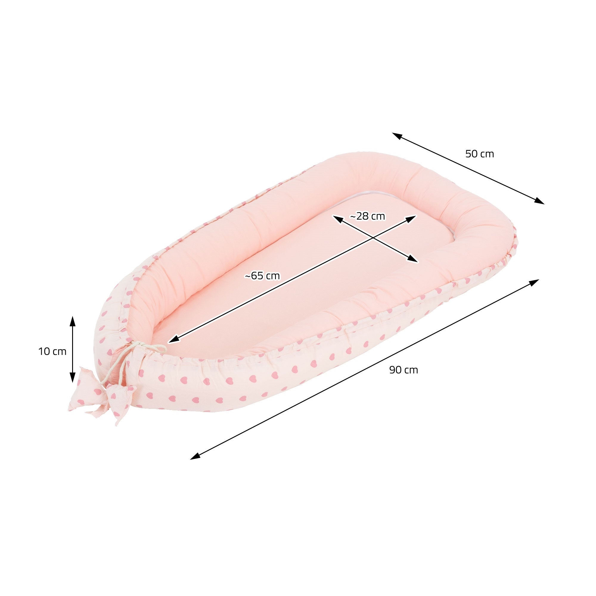Dimensions d'un nid : 90 cm de long, 50 cm de large, 10 cm de haut, en rose avec des pois.