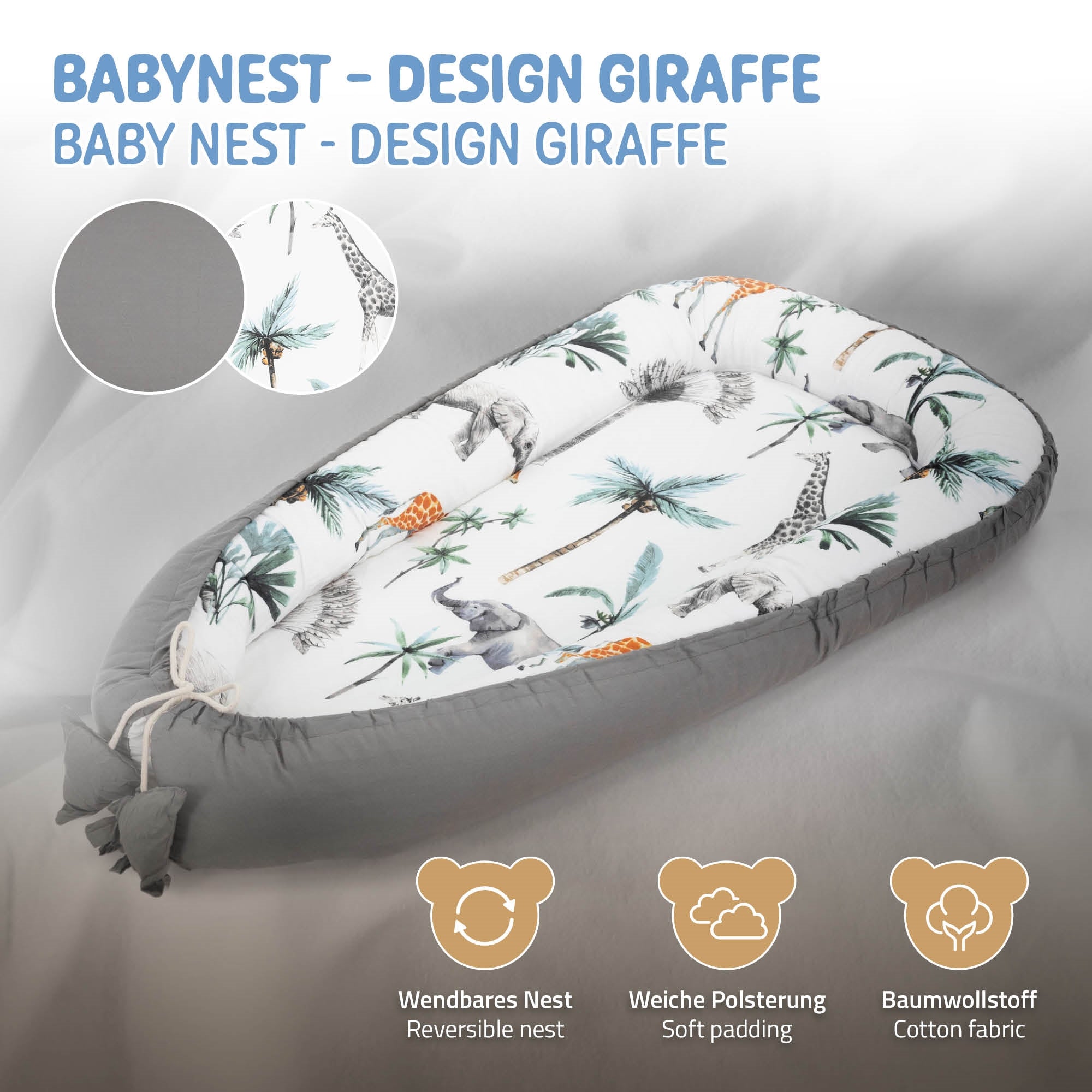 Lit pour bébé au design de girafe, rembourrage doux, en tissu de coton.
