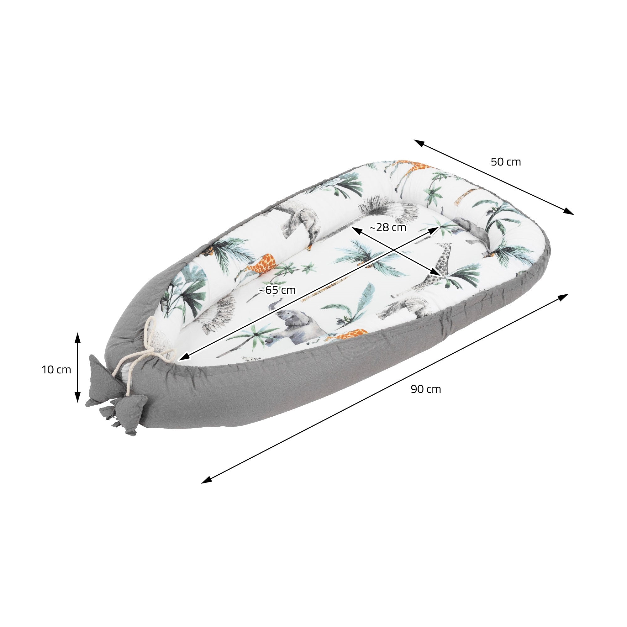 Un lit rembourré en forme de bateau avec des dimensions et un motif d'animaux colorés.