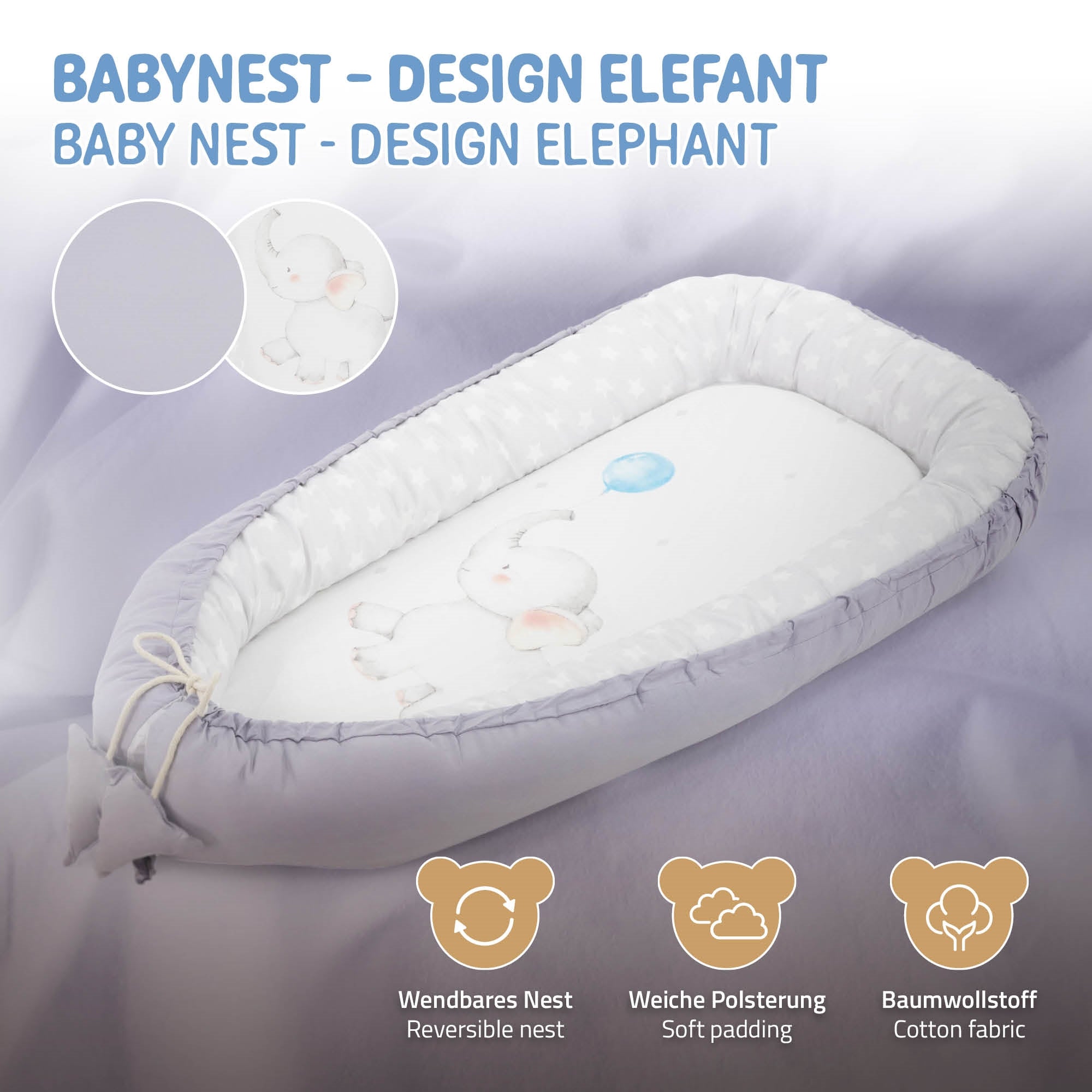 Lit pour bébé au design d'éléphant, rembourrage doux, en tissu de coton.