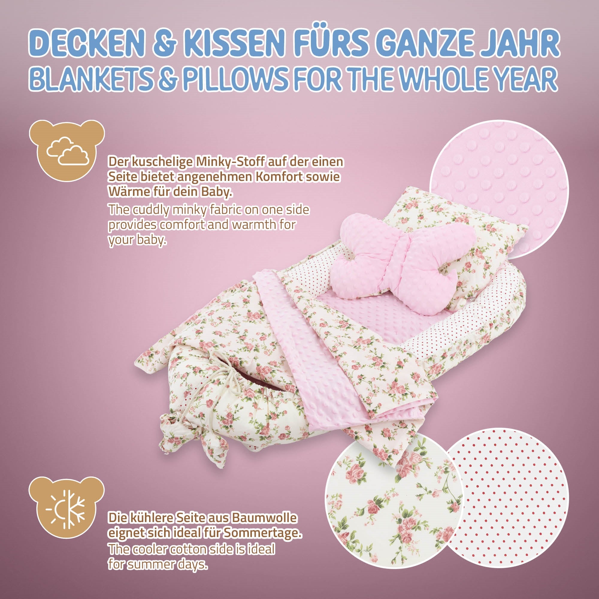Baby Nest Set in Rosa mit Blumenmuster und Kissen in Form eines Schmetterlings.
