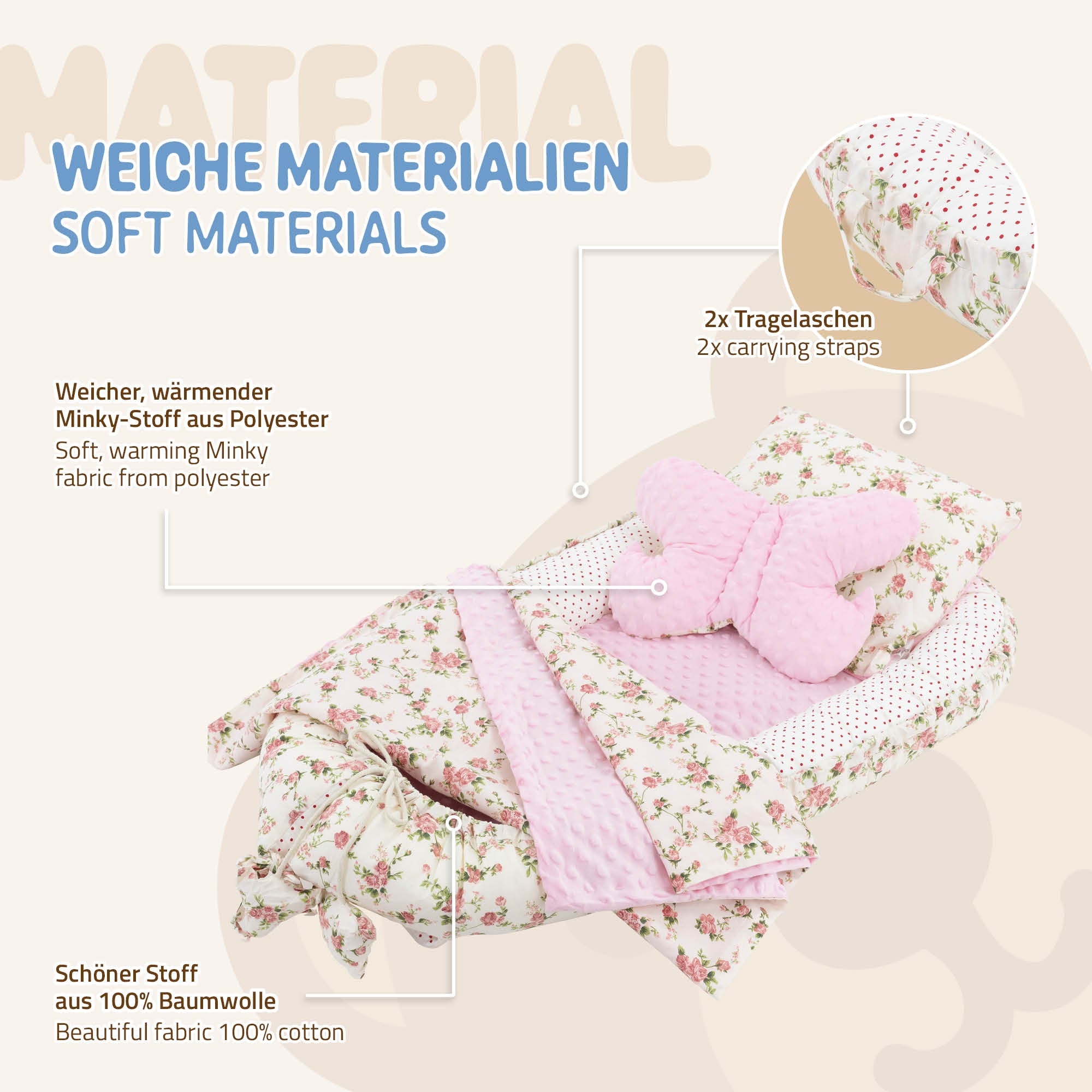 Weiche Materialien, Minky-Stoff und Baumwolle, mit zwei Tragelaschen und Blumenmuster.