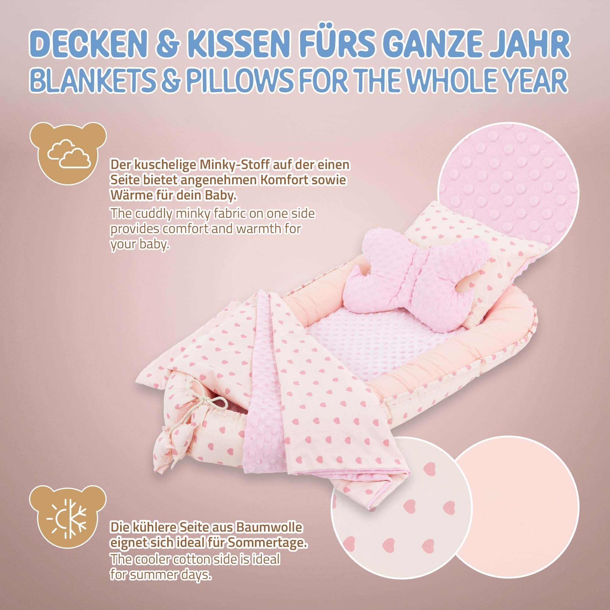 Lit pour bébé en tissu Minky avec motif de cœurs, un côté frais, l'autre chaud.