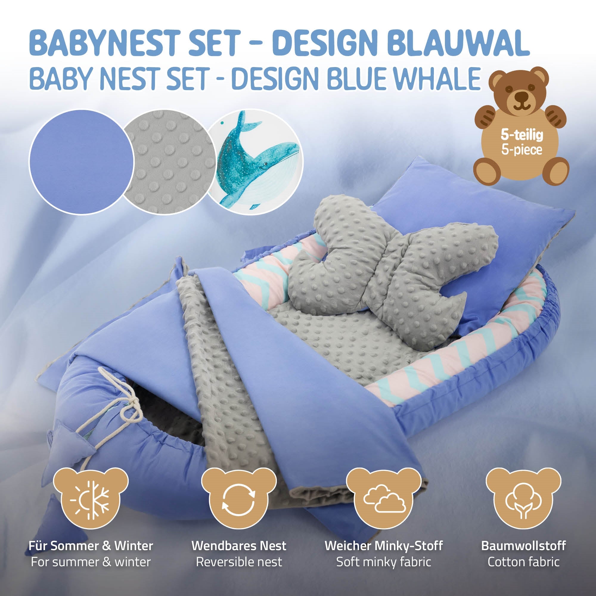 Ein Baby Nest Set in Blau mit einem Kissen und Decke, abgebildet auf einem hellen Hintergrund.