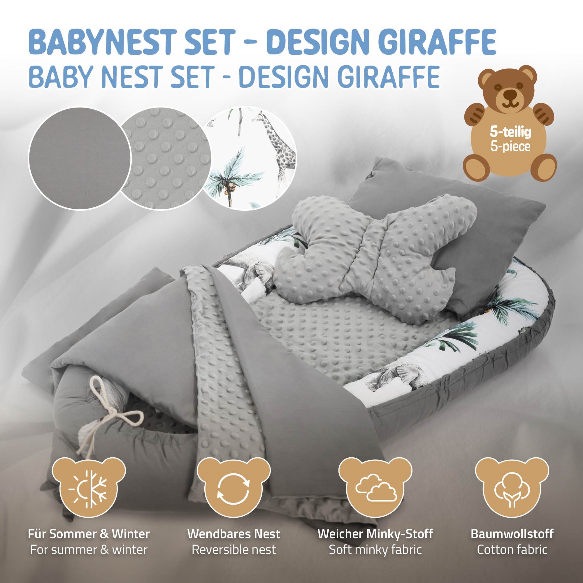 Un ensemble de nid pour bébé en gris avec un coussin et une couverture, présenté sur un fond clair.