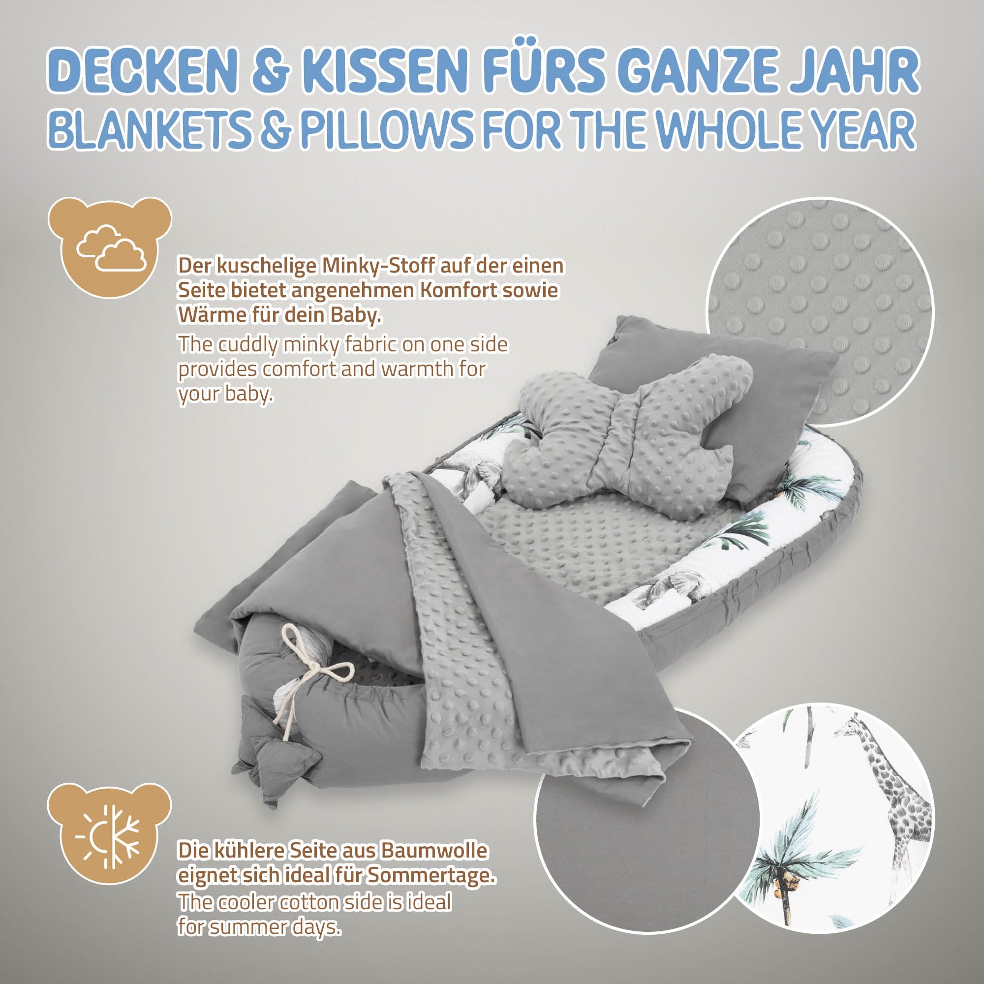 Kuscheliges Minky-Stoff-Babybett mit Kissen und Decke in Grau.