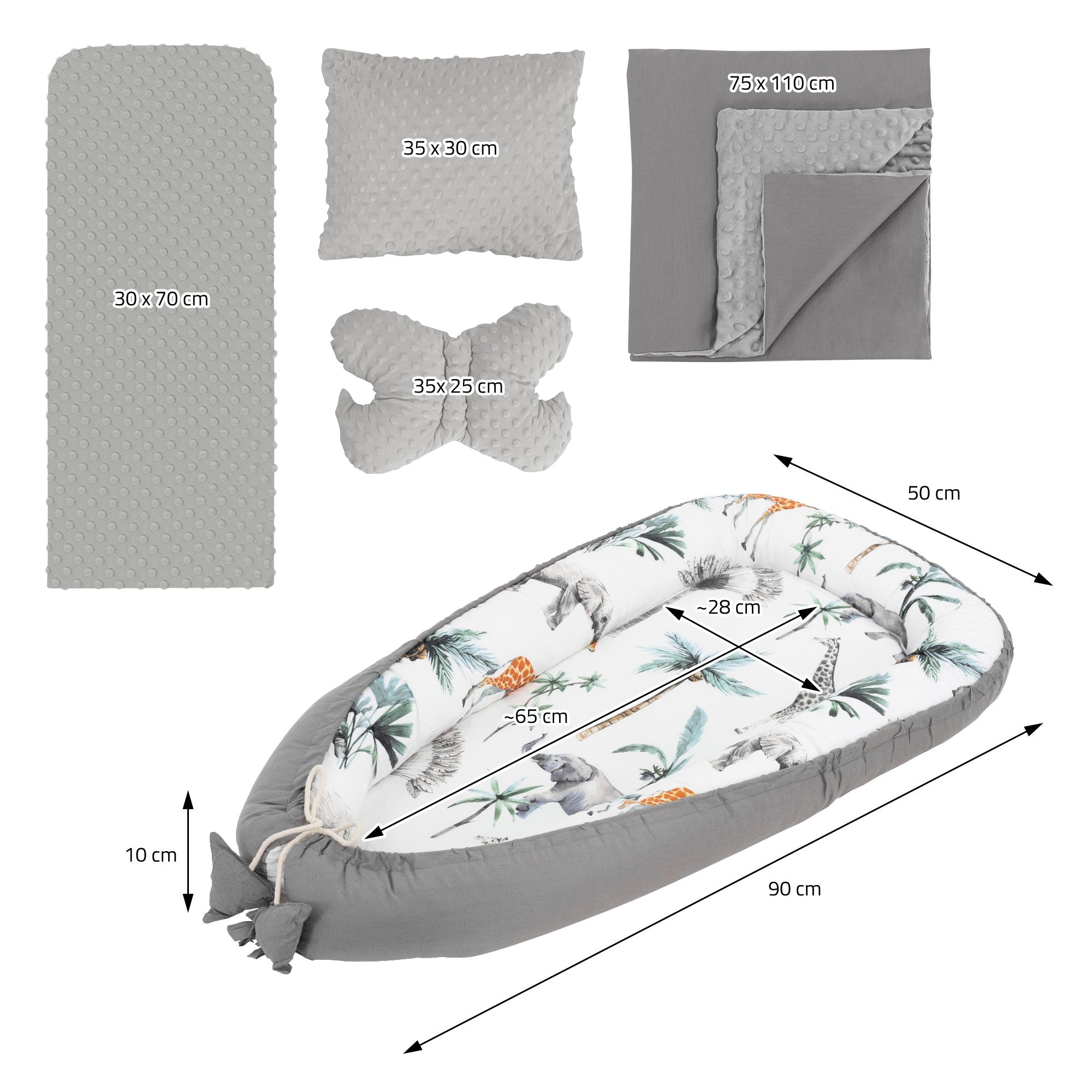 Set mit Nest, Kissen und Decke in Grau mit tropischem Muster.
