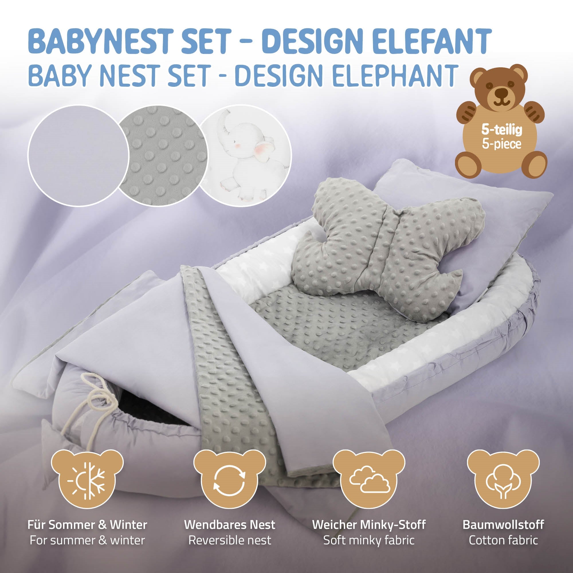 Ensemble de nid pour bébé en gris et menthe avec coussin et couverture, 5 pièces.