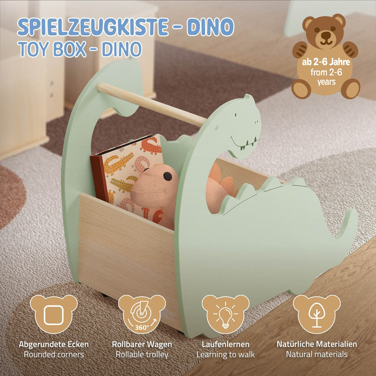 Spielzeugkiste in Dino-Form mit Plüschtieren und einem Buch, abgerundete Ecken.