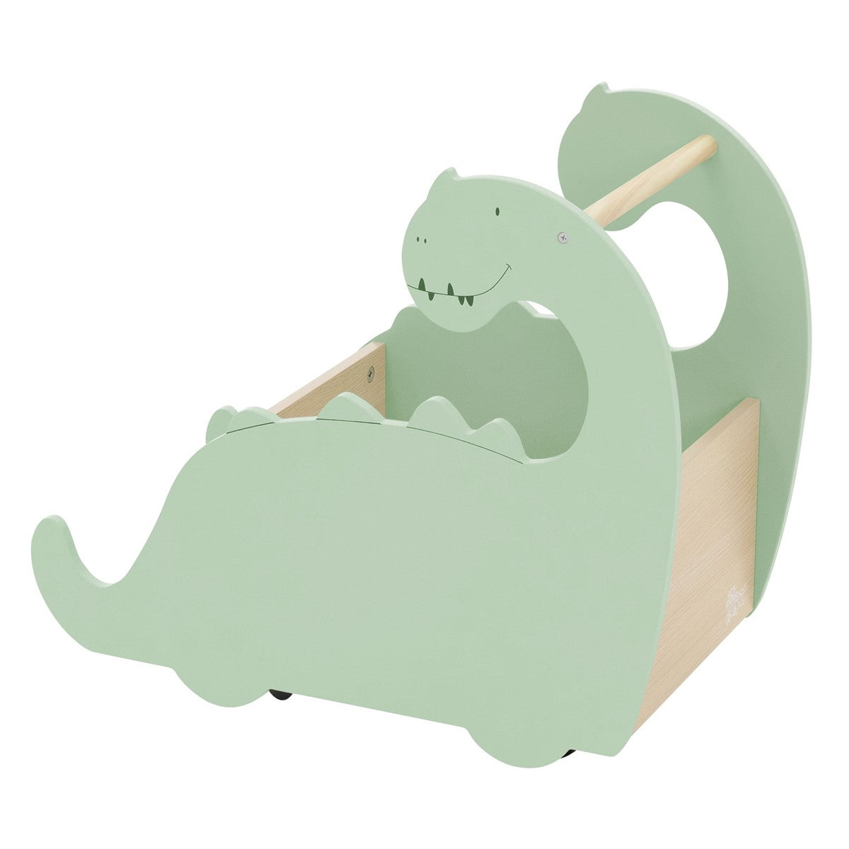 Ein grüner Holzspielzeugwagen in Dinosaurierform mit einem offenen Fach.
