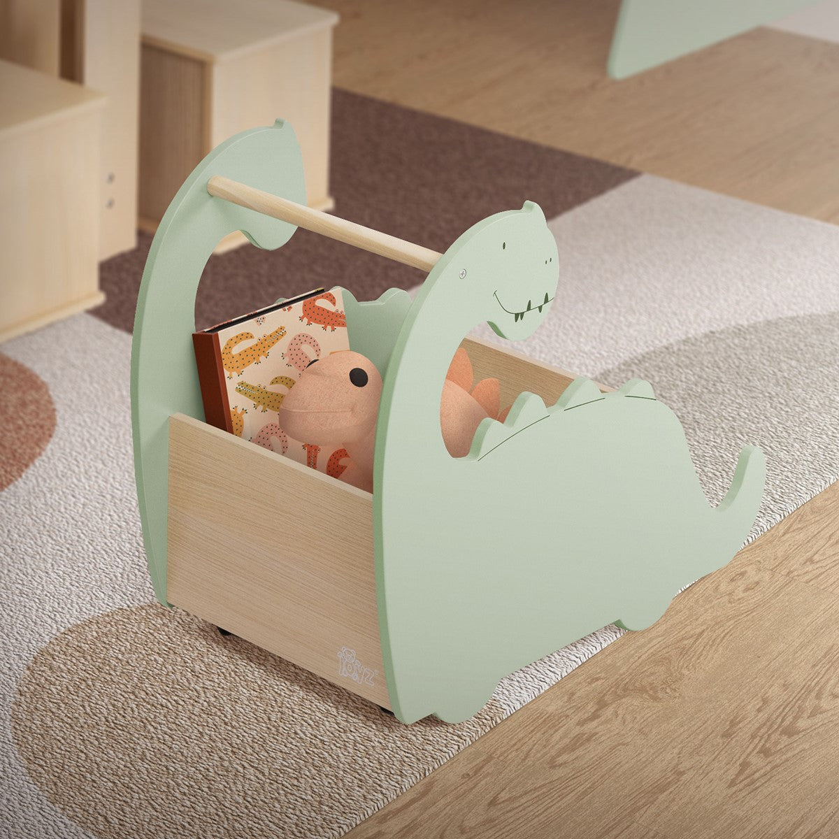 Ein Spielzeugwagen in Dinosaurierform mit Spielzeug darin.