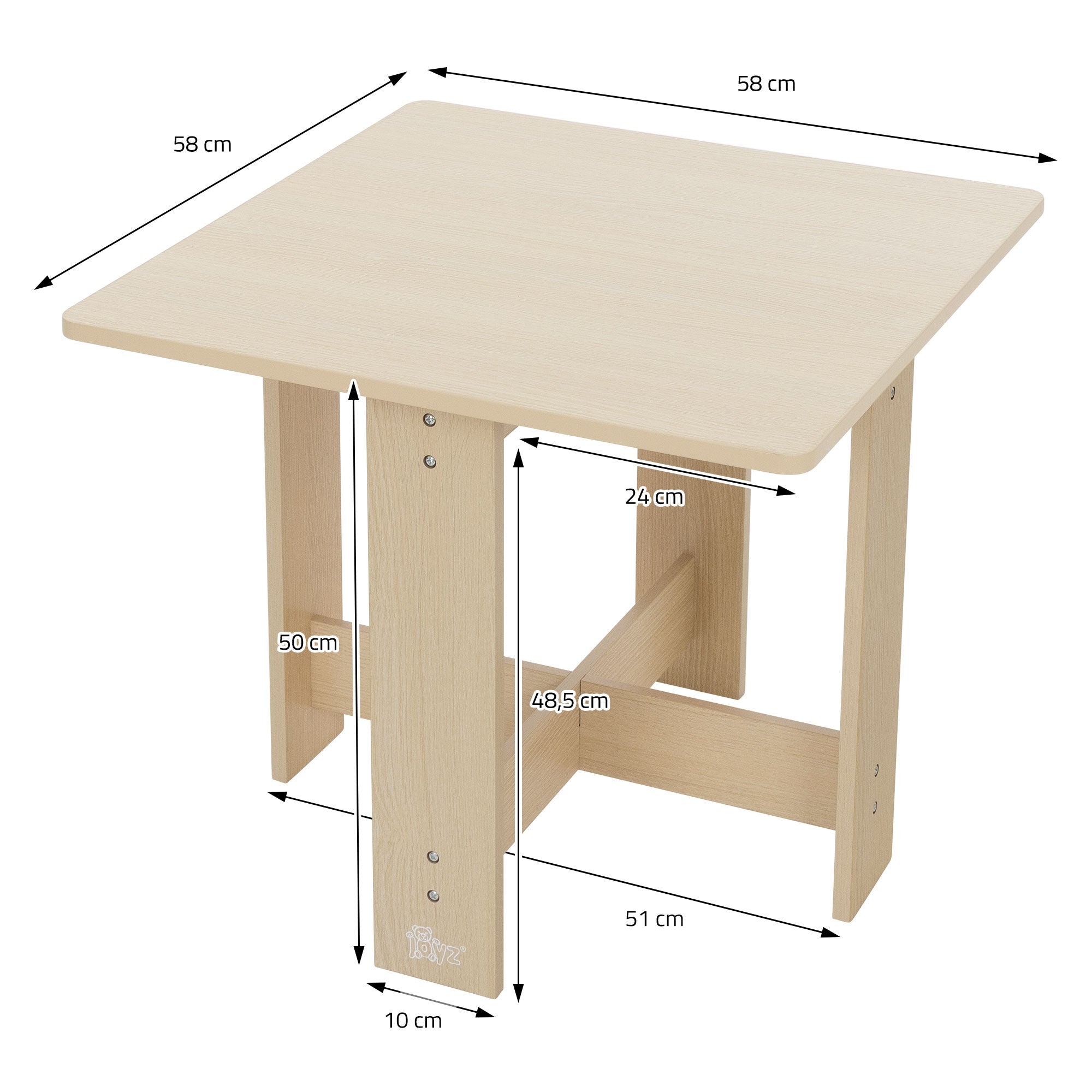 Holztisch mit Maßen, quadratischer Tisch in hellem Holz.