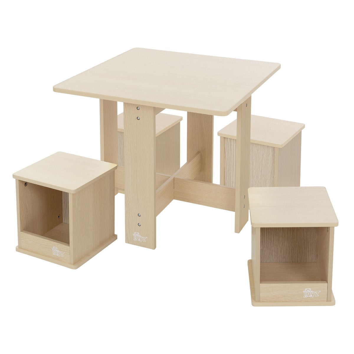 A square table with four matching stools made of light wood.