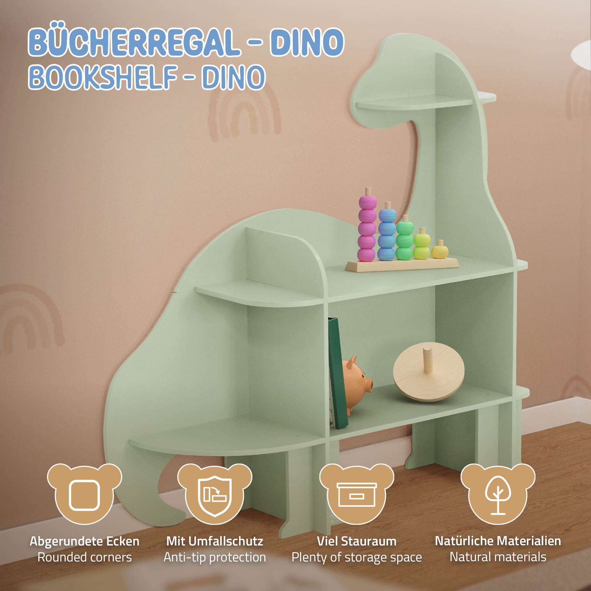 Dinosaurier-Bücherregal in mintgrün mit Spielzeug und dekorativen Elementen.
