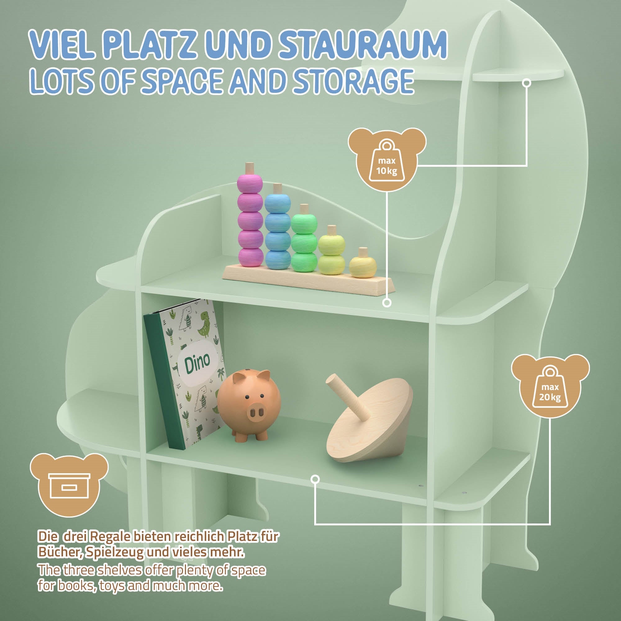 Regal mit drei Fächern, beschriftet mit viel Platz und Stauraum.
