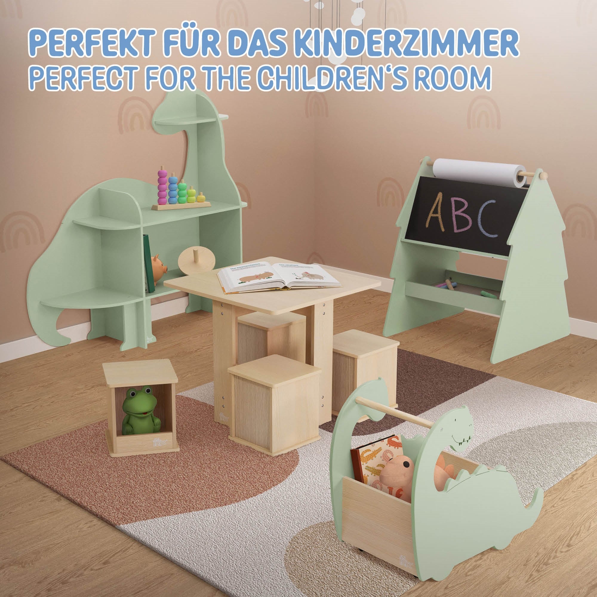 Ein Kinderzimmer mit einem Tisch, Stühlen und einem Regal in Dinosaurierform.