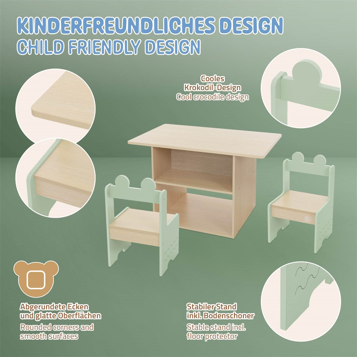 Tisch und Stühle in kinderfreundlichem Design mit abgerundeten Ecken.