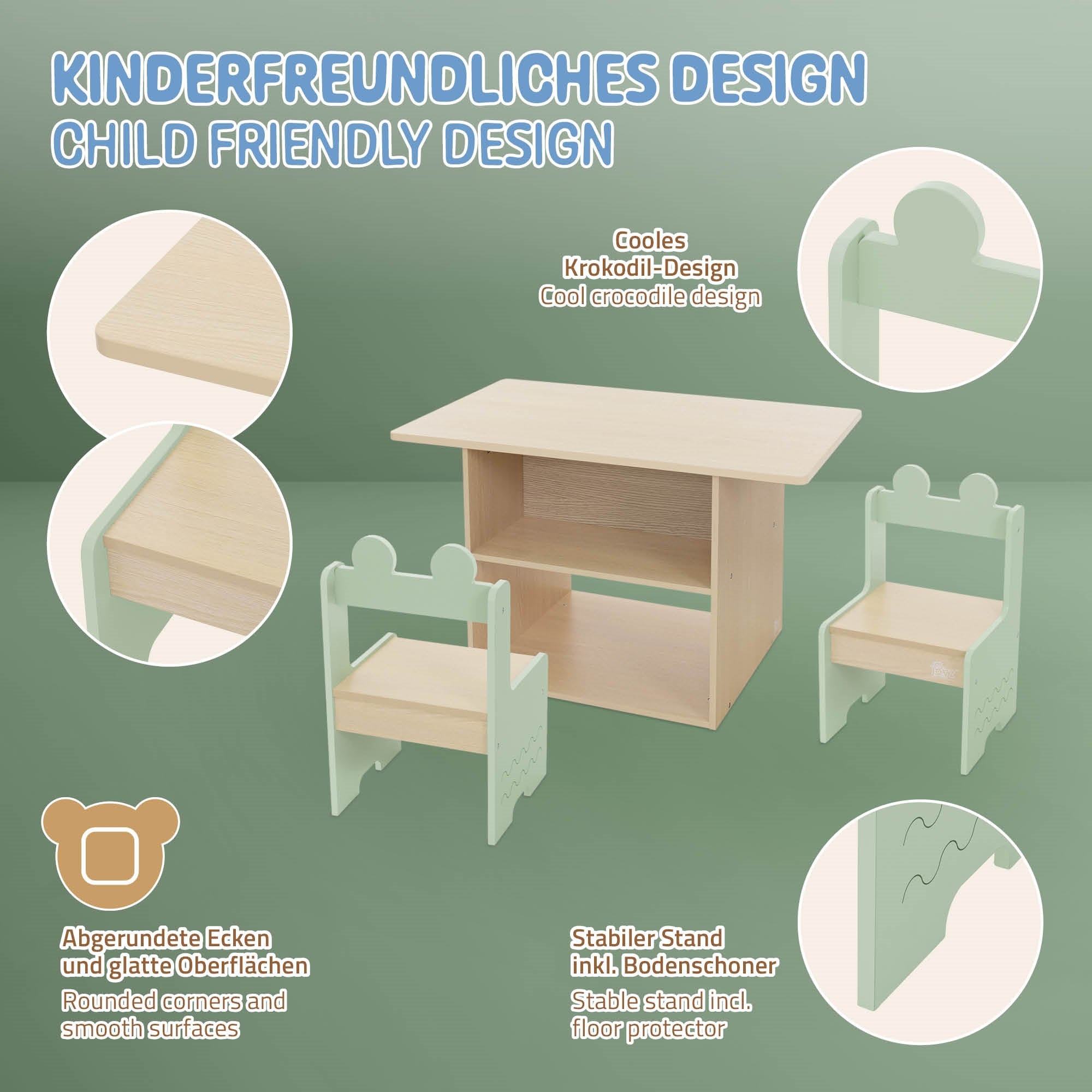 Tisch und Stühle in kinderfreundlichem Design mit abgerundeten Ecken.