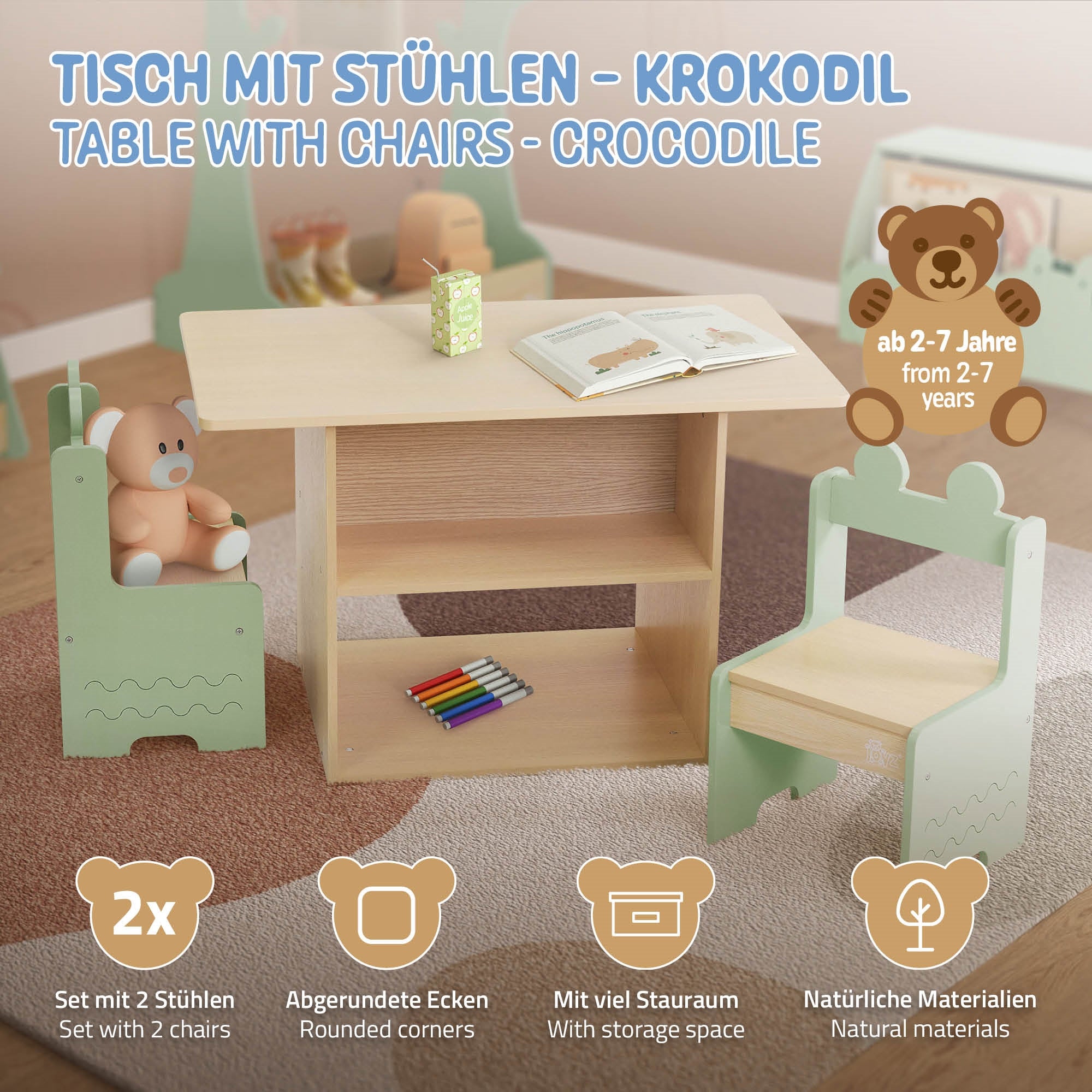 Ein Tisch mit zwei Stühlen, die wie ein Krokodil gestaltet sind.