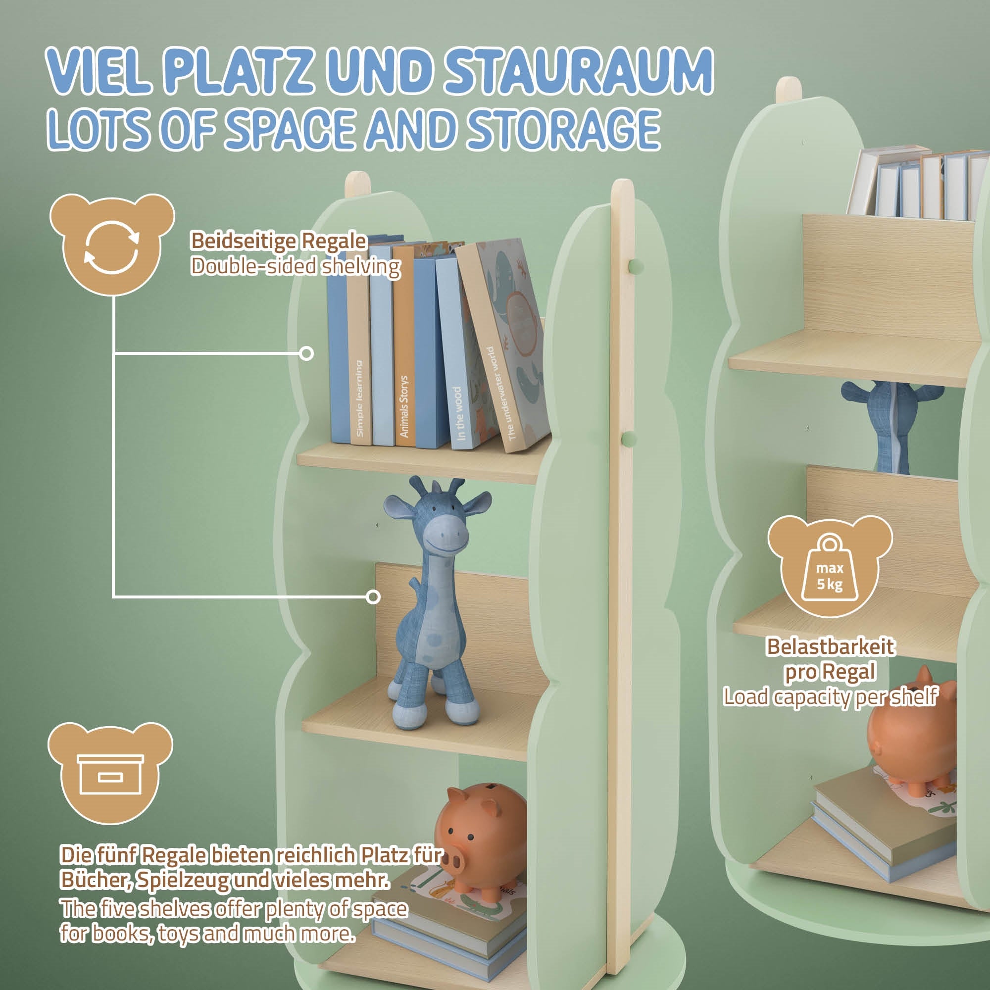 Regal mit viel Platz, doppelseitige Regale, Spielzeug und Bücher.