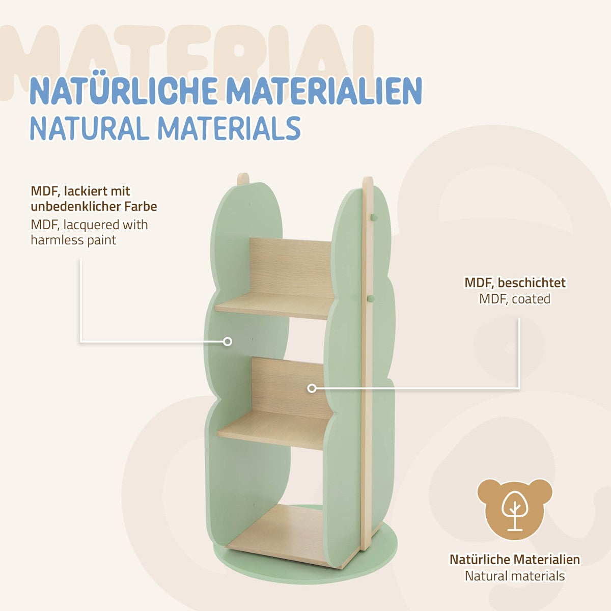 Regal aus MDF mit zwei Regalen, in Bärenform, auf hellem Hintergrund.