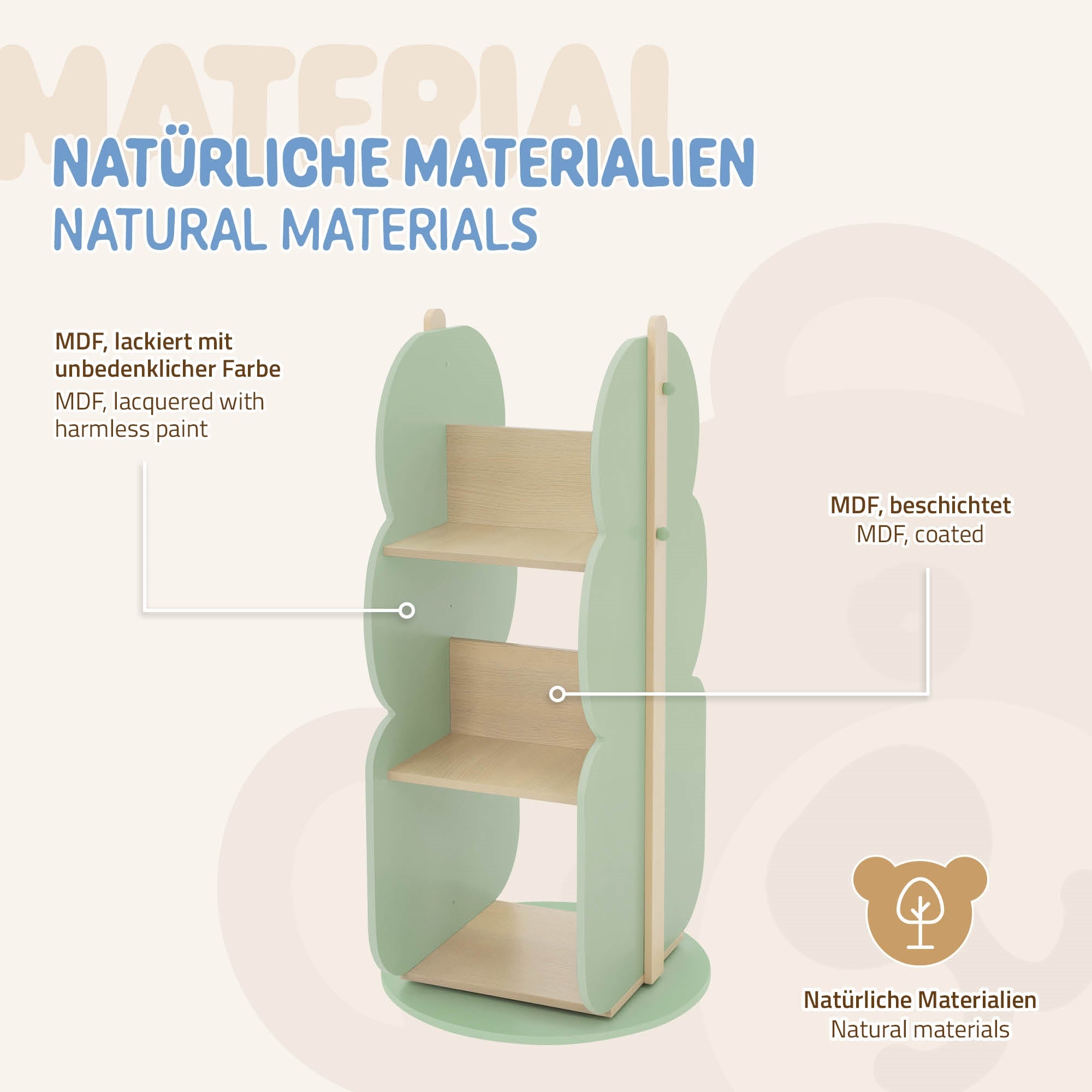 Regal aus MDF mit zwei Regalen, in Bärenform, auf hellem Hintergrund.