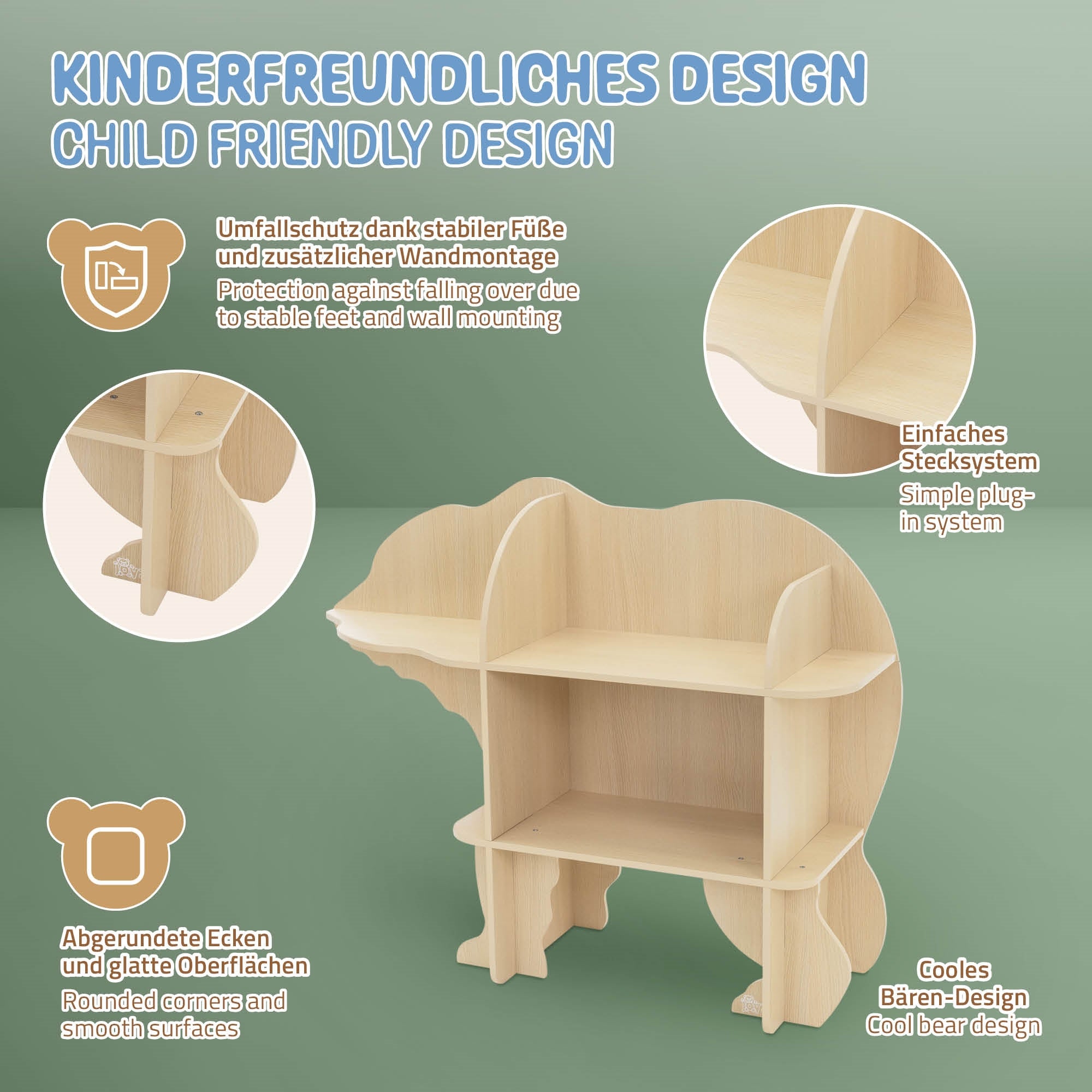 Holzregal in Bärenform mit zwei Regalen, auf grünem Hintergrund.