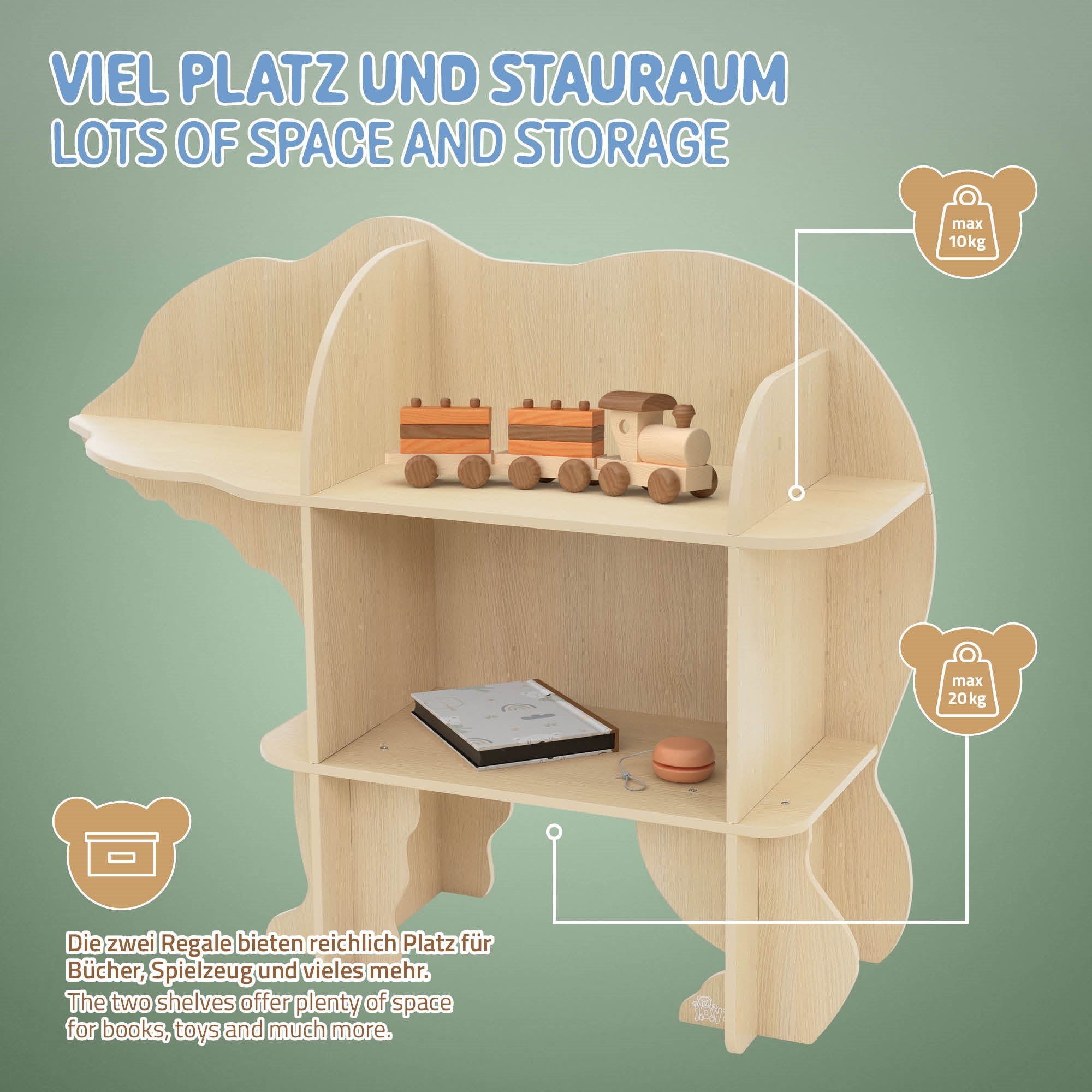 Ein Regal mit Spielzeug und einem Schreibtisch mit Stauraum.