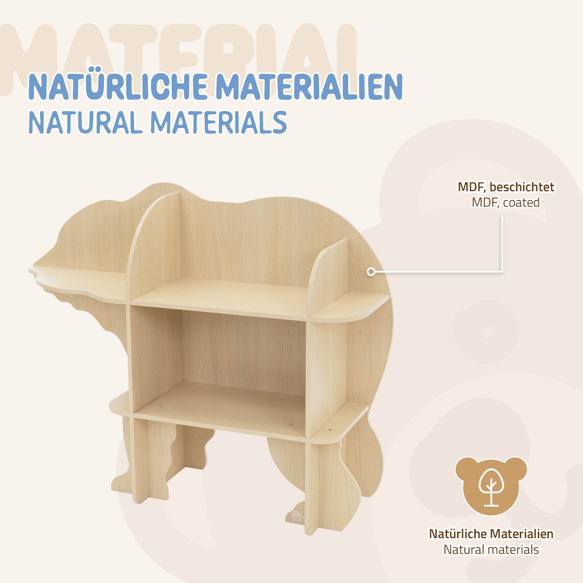 Regal in Bärenform aus beschichtetem MDF mit zwei Fächern.