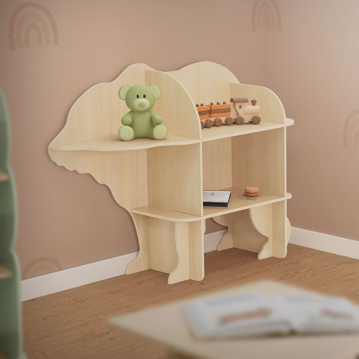 Bear-shaped shelving unit with toys and a train on the top shelf.