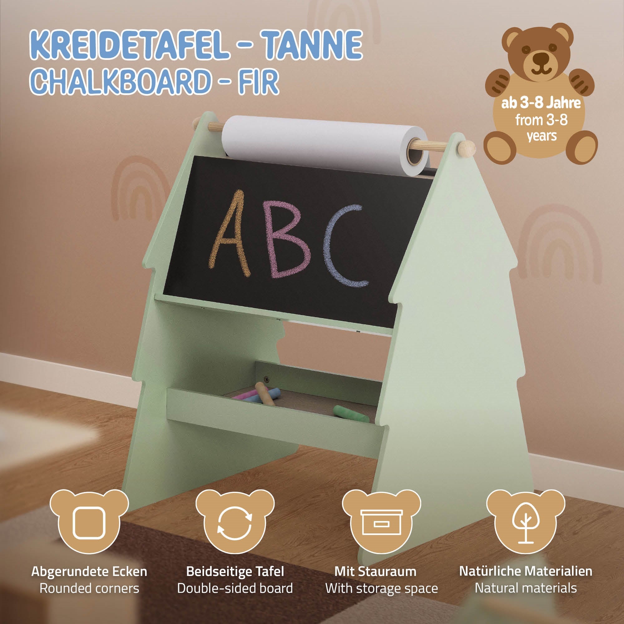 Kreidetafel in Tannenform mit ABC-Beschriftung und Stauraum.