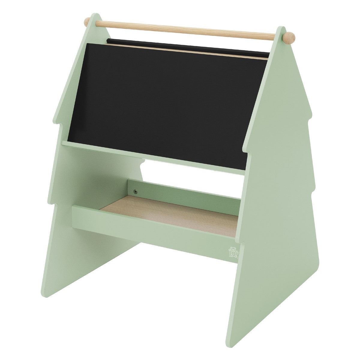 House-shaped piece of furniture with a chalkboard, in soft colors.