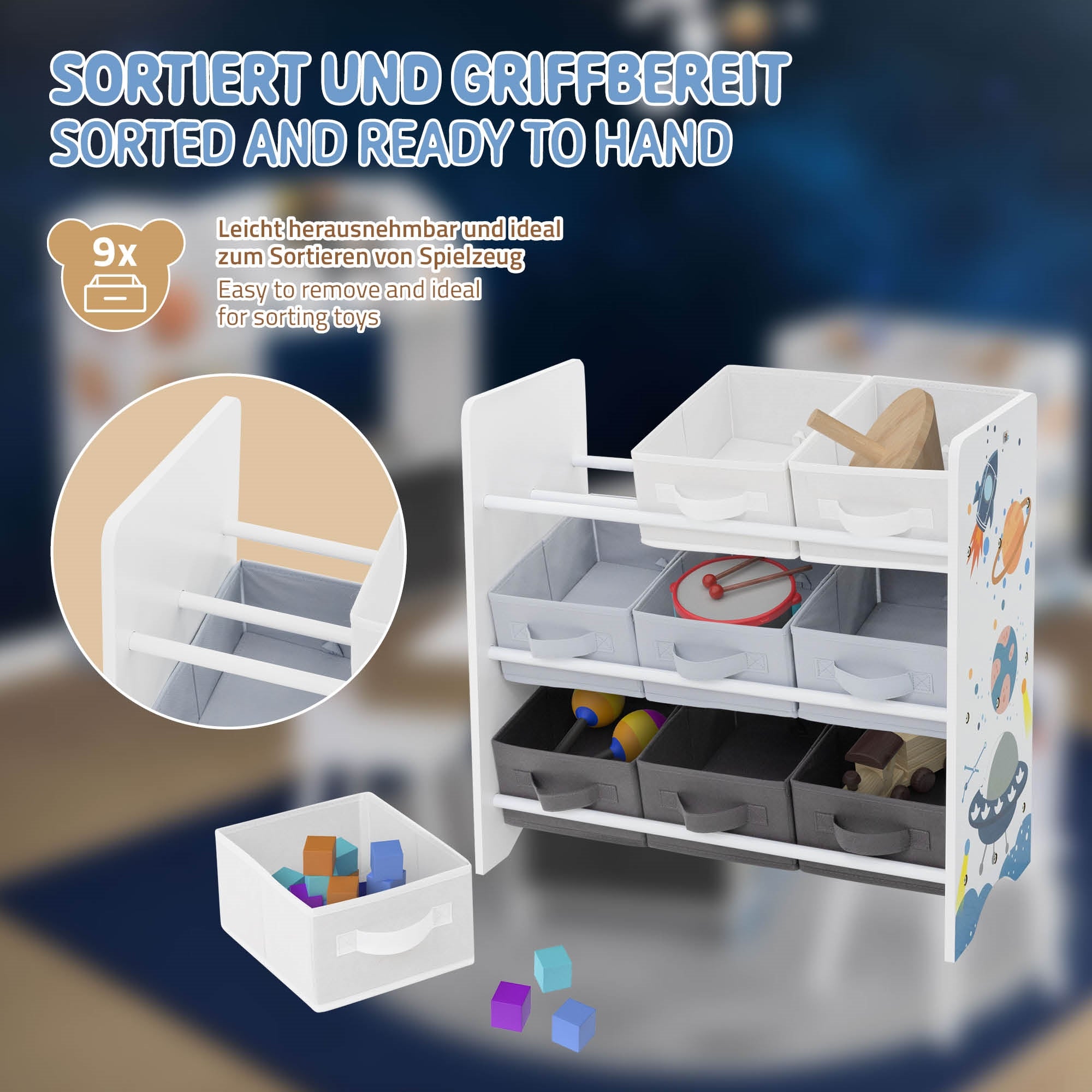Aufbewahrungseinheit mit mehreren Schubladen, ideal für Spielzeug, bunte Gestaltung.